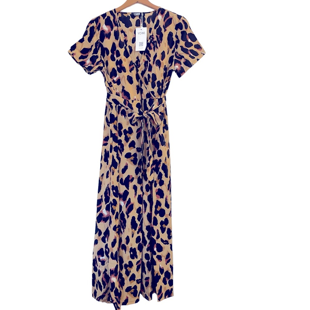 Yoins Women's Leopard Print Midi Dress Vintage Short Sleeve 1XL
